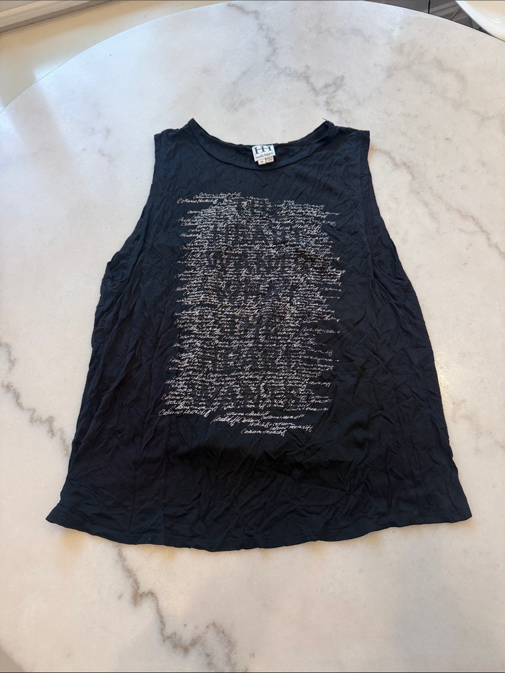 Haute Hippie Black Muscle Tee with White Script and cut out center back